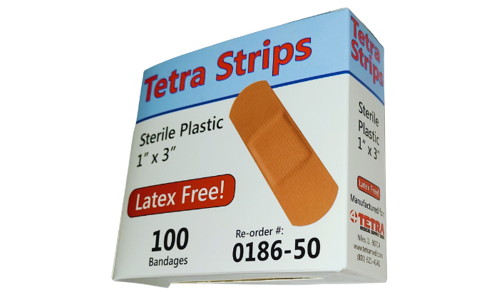 3600/cs Tetra Strips Adhesive Bandage, Plastic, 1" x 3"