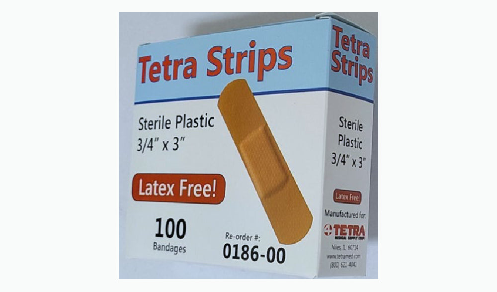 100/BX Tetra Strips Adhesive Bandage, Plastic, 3/4" x 3" 