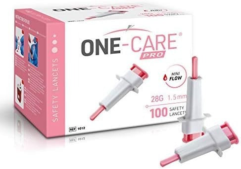 100/BX ONE-CARE PRO Safety Lancets, Top Push Button Activated, 28G x 1.5mm