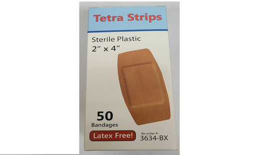 50/BX Tetra Strips Adhesive Bandage, Plastic, 2" x 4" 