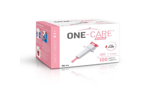 100/BX ONE-CARE PRO Safety Lancets, Top Push Button Activated, 28G x 1.5mm