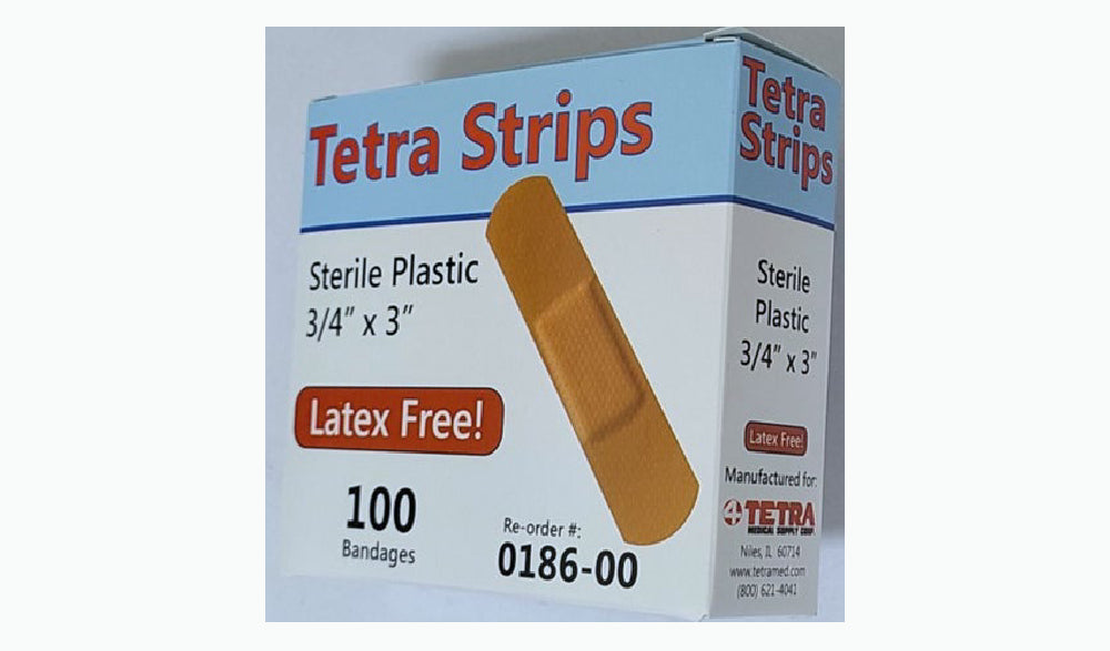 3600/cs Tetra Strips Adhesive Bandage, Plastic, 3/4" x 3" 